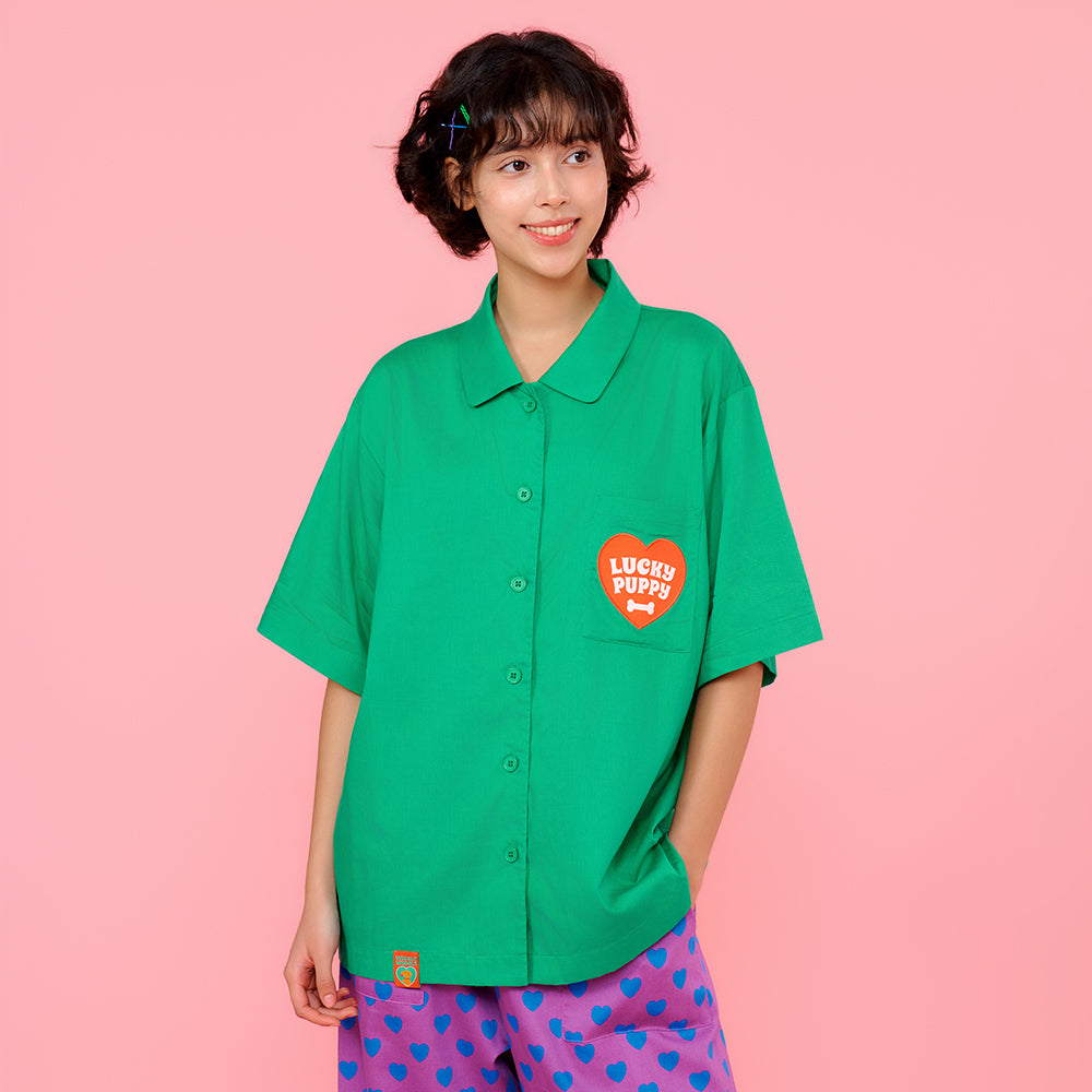 半袖ロングパンツパジャマセット -Lucky Puppy Green Heart