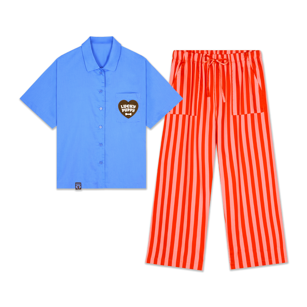 半袖ロングパンツパジャマセット - Lucky Puppy Blue Stripe