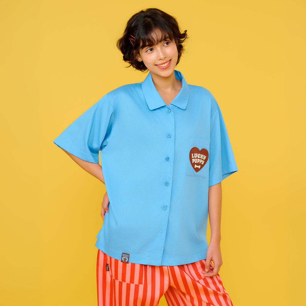 半袖ロングパンツパジャマセット - Lucky Puppy Blue Stripe