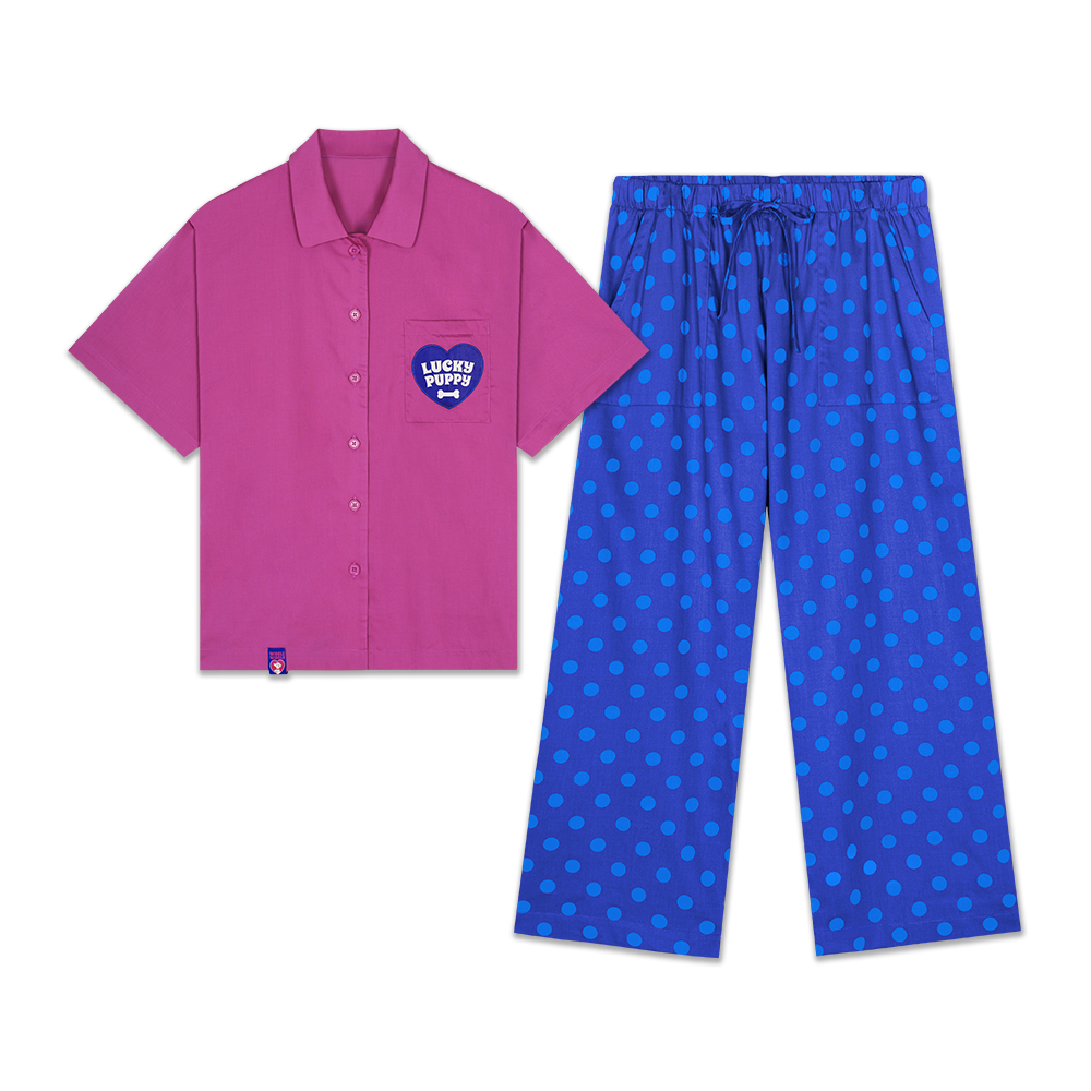 半袖ロングパンツパジャマセット - Lucky Puppy Purple Dot