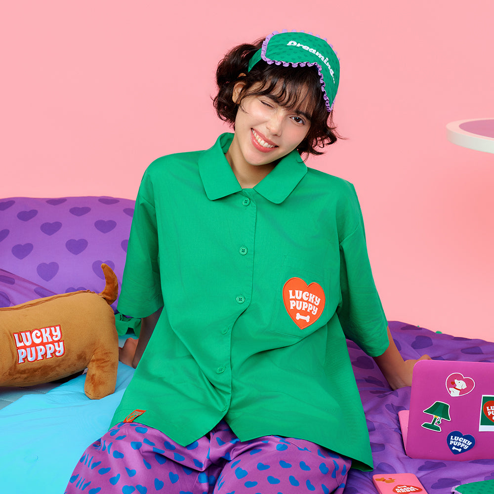 半袖ロングパンツパジャマセット -Lucky Puppy Green Heart